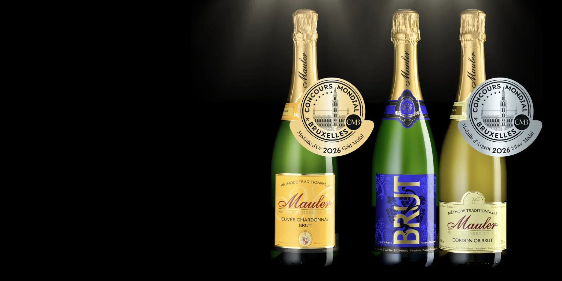 Cuvée Chardonnay Brut médaille d'or, Cuvées Blue Label Brut et Cordon Or Brut médailles d'argent au concours mondial de Bruxelles 2026